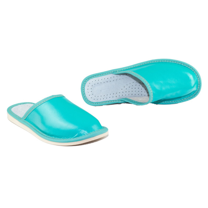 Grüne Damenschuhe, Hausschuhe aus Leder für Damen