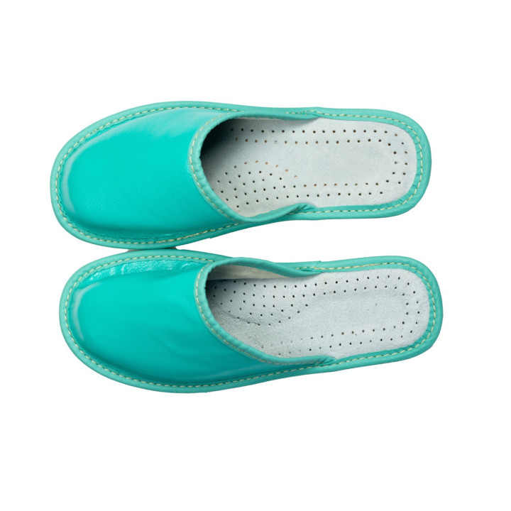 Grüne Damenschuhe, Hausschuhe aus Leder für Damen