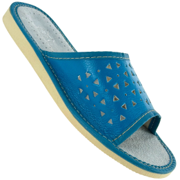 Blaue Lederslipper, Hausschuhe für Damen, bunte Hausschuhe
