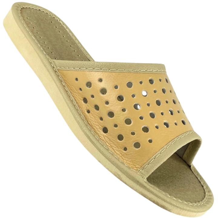 Beigefarbene, bequeme Hausschuhe, durchbrochene Damenslipper