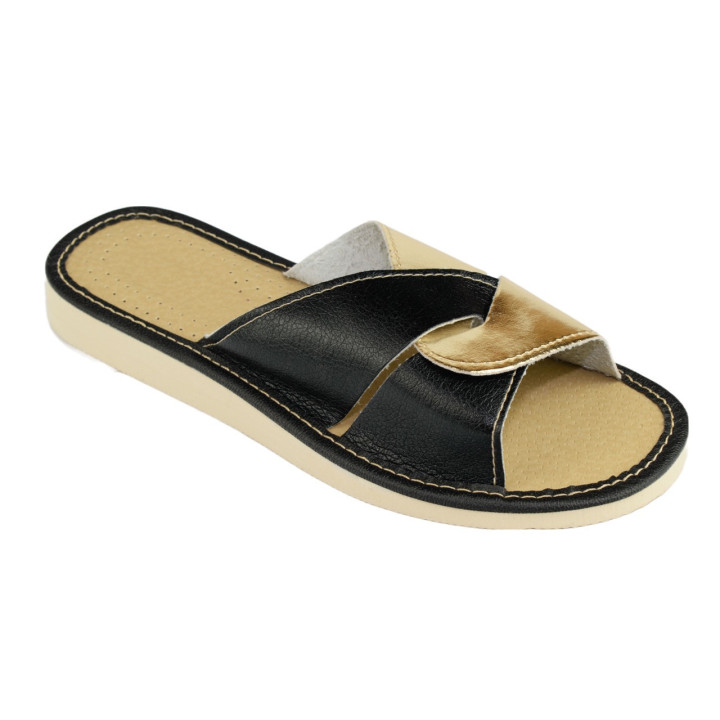 Offene Damenslipper mit goldenem Einsatz, schwarze Damenschuhe