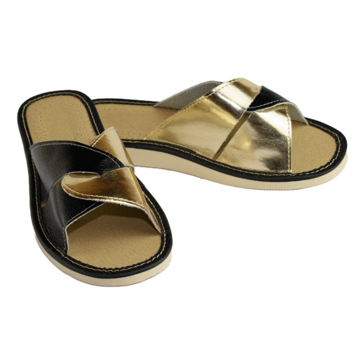 Offene Damenslipper mit goldenem Einsatz, schwarze Damenschuhe