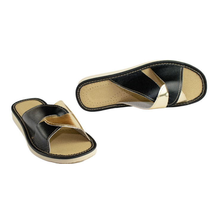 Offene Damenslipper mit goldenem Einsatz, schwarze Damenschuhe