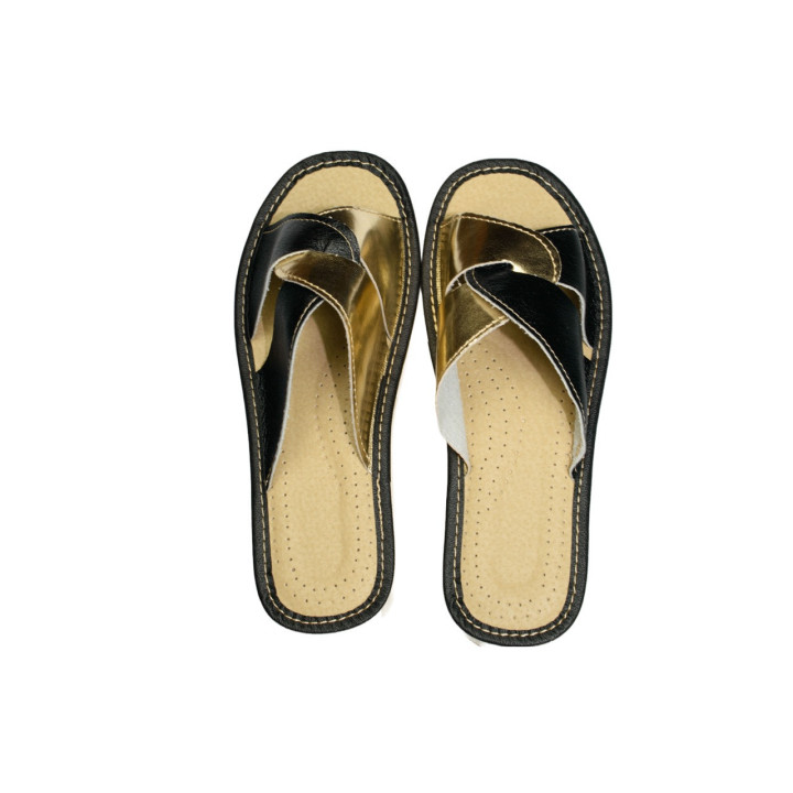 Offene Damenslipper mit goldenem Einsatz, schwarze Damenschuhe