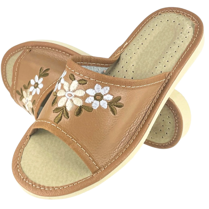 Braune Damenschuhe mit Blumenmuster, bequeme Damenschuhe, Hausschuhe
