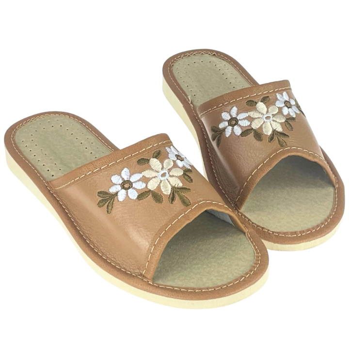 Braune Damenschuhe mit Blumenmuster, bequeme Damenschuhe, Hausschuhe