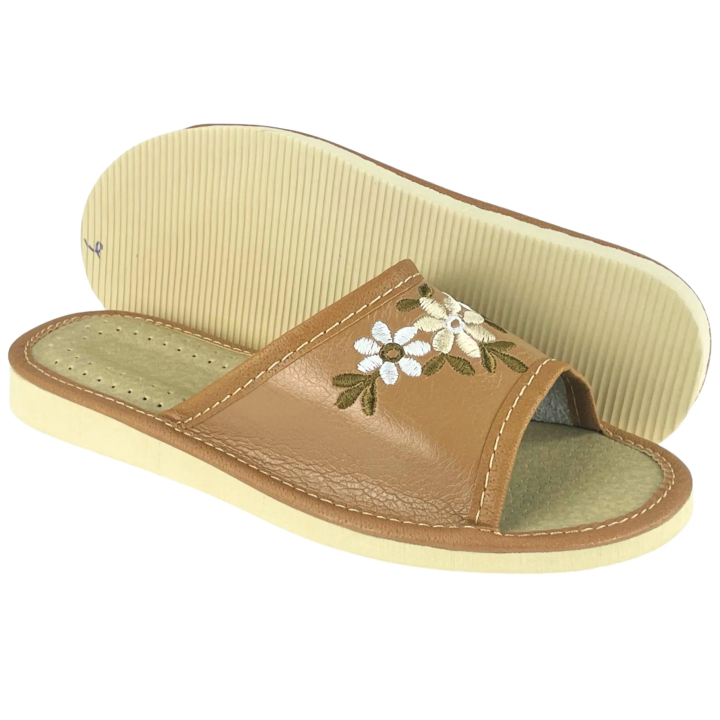 Braune Damenschuhe mit Blumenmuster, bequeme Damenschuhe, Hausschuhe