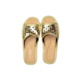 Goldfarbene Damenschuhe mit durchbrochenem Muster, Obermaterial aus Glattleder