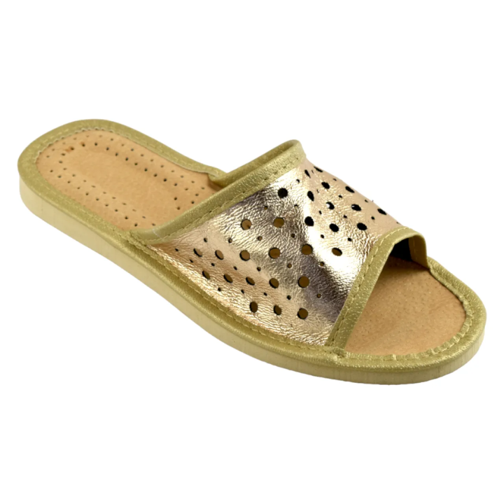 Goldfarbene Damenschuhe mit durchbrochenem Muster, Obermaterial aus Glattleder