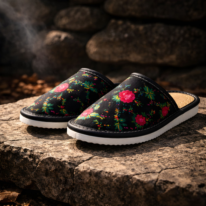 Schwarze regionale Damenschuhe, geschlossene Hausschuhe aus Zakopane