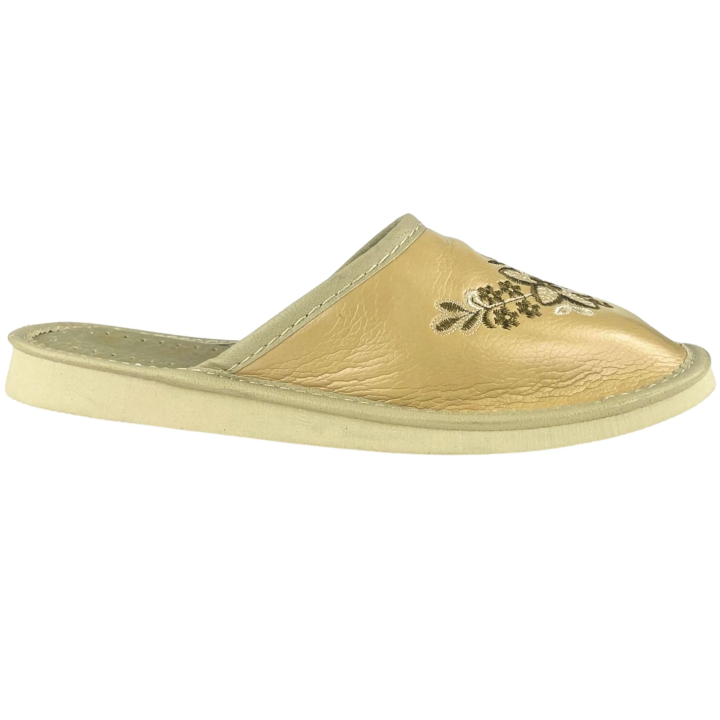Geschlossene, beige Damenslipper mit Blumenmotiven, bequeme Damenslipper
