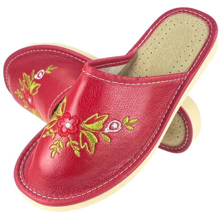 Geschlossene, rote Damenschuhe mit Blumenmotiven, bequeme Damenschuhe
