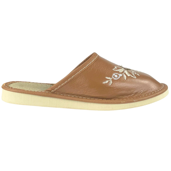 Geschlossene, braune Damenslipper mit Blumenmotiven, bequeme Damenslipper