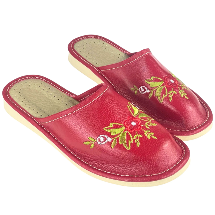 Geschlossene, rote Damenschuhe mit Blumenmotiven, bequeme Damenschuhe