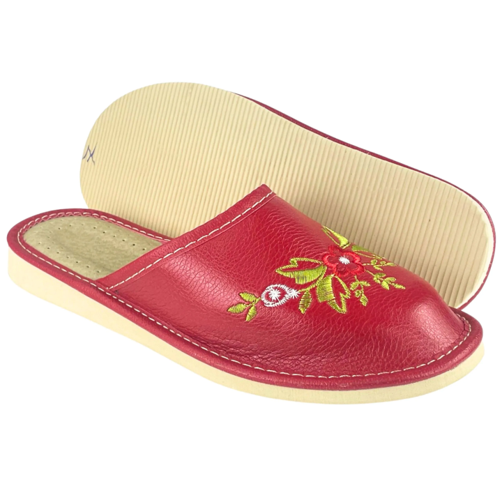 Geschlossene, rote Damenschuhe mit Blumenmotiven, bequeme Damenschuhe