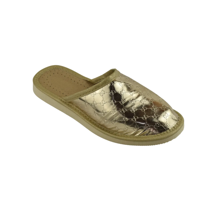 Geschlossene goldene Damenschuhe mit einem beliebten Luxus-Motiv