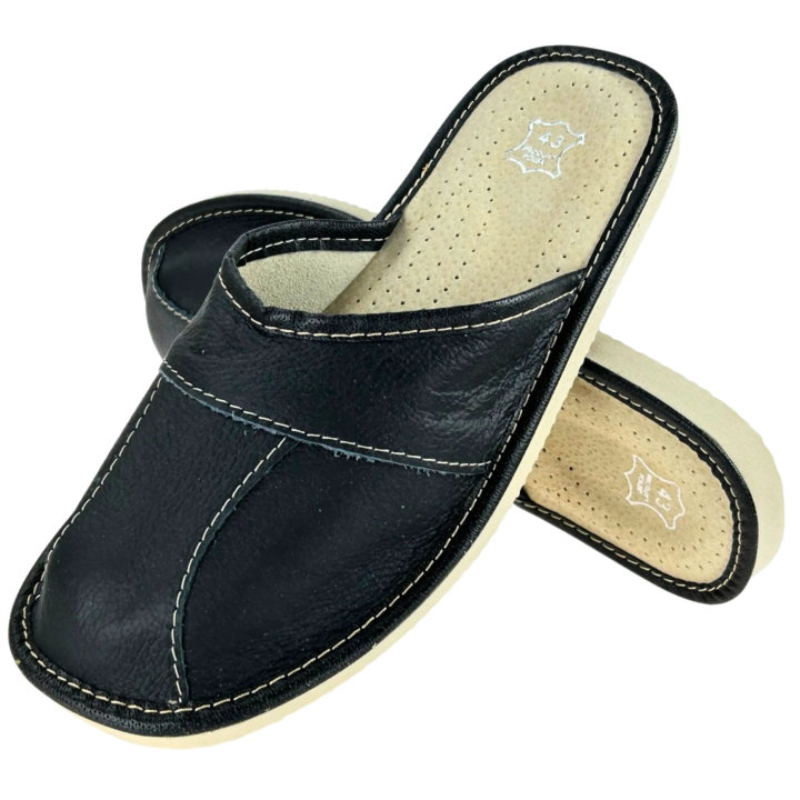 Schwarze Herrenslipper aus Leder, Herrenslipper aus vier Teilen zusammengesetzt