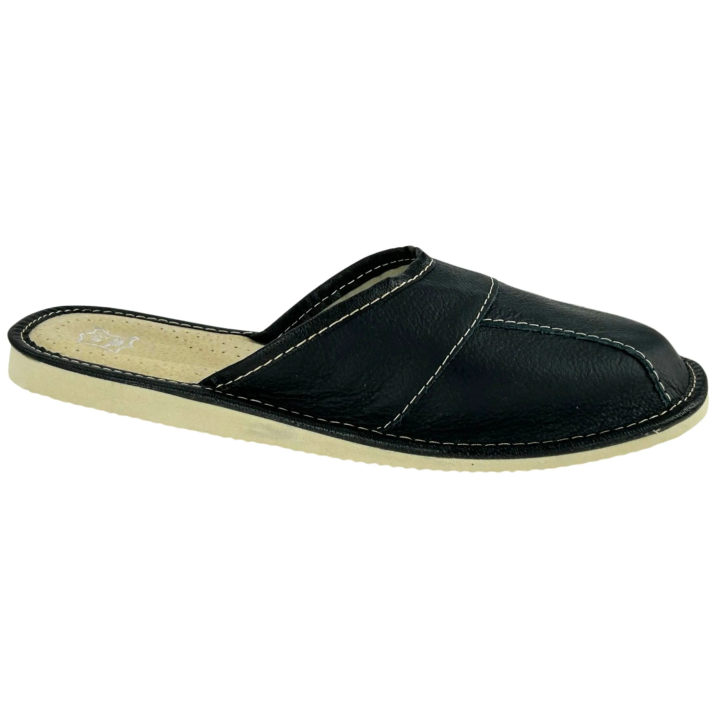 Schwarze Herrenslipper aus Leder, Herrenslipper aus vier Teilen zusammengesetzt