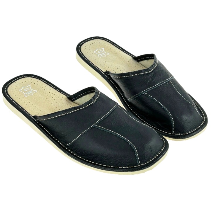 Schwarze Herrenslipper aus Leder, Herrenslipper aus vier Teilen zusammengesetzt