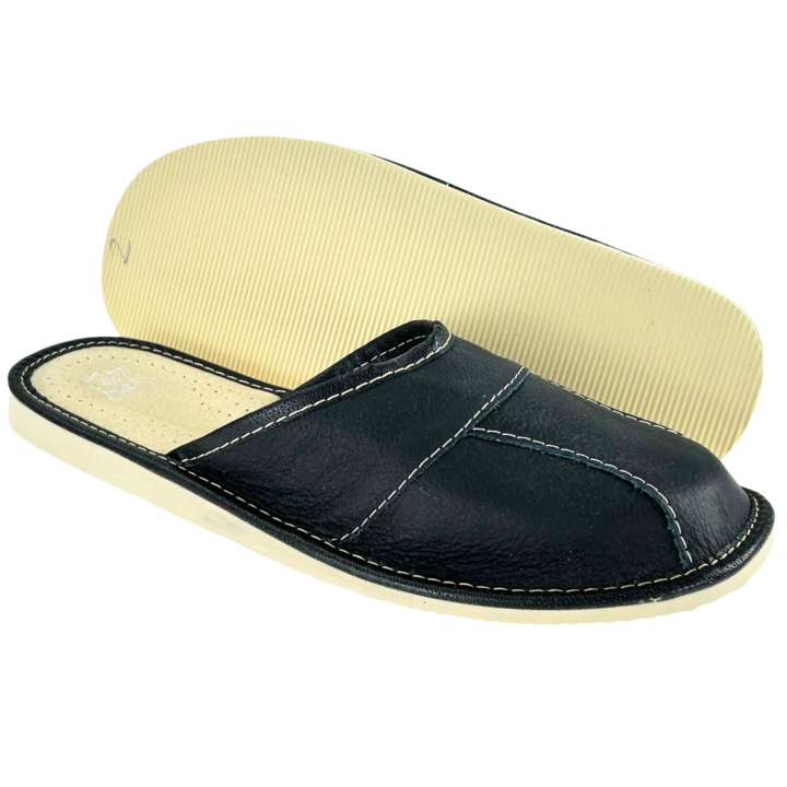 Schwarze Herrenslipper aus Leder, Herrenslipper aus vier Teilen zusammengesetzt
