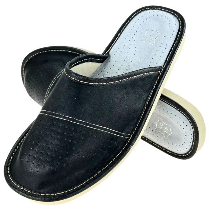Schwarze, geschlossene Herrenpantoffeln aus Leder, bequeme Herrenpantoffeln