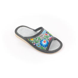 Kinderslipper mit Łowicz-Muster, Hausschuhe aus Leder im Łowicz-Stil