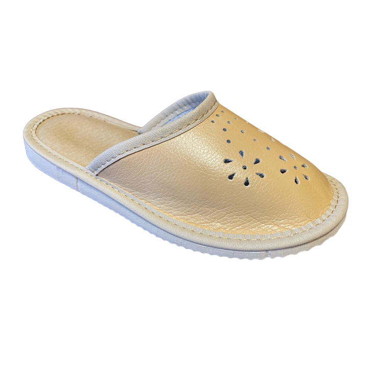 Beigefarbene, schlichte Kinderslipper, Hausschuhe mit Blumenmuster