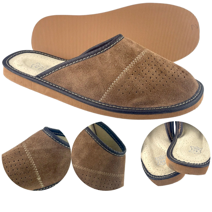 Braune Herren-Hausschuhe aus Wildleder, Herren-Pantoffeln aus Veloursleder