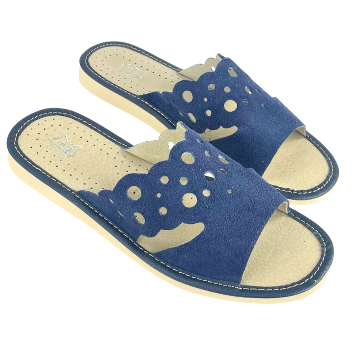 Damen-Lederslipper, dunkelblaue Hausschuhe