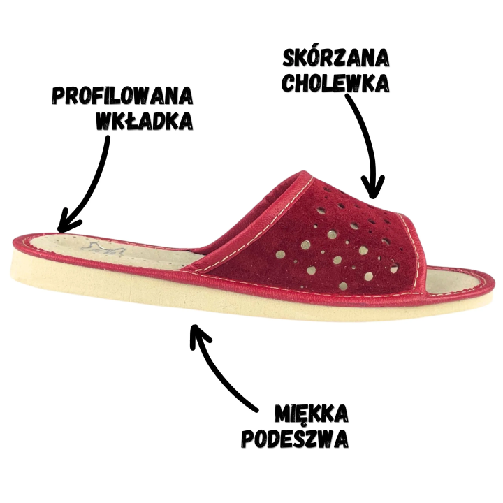 Zamszowe czerwone kapcie domowe, wygodne laczki do domu, kapcie damskie góralskie