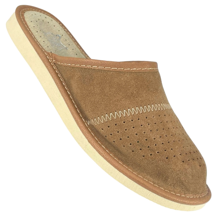 Damenschuhe für zu Hause Lederslipper Damenschuhe im Goralen-Stil aus Leder Hellbraun