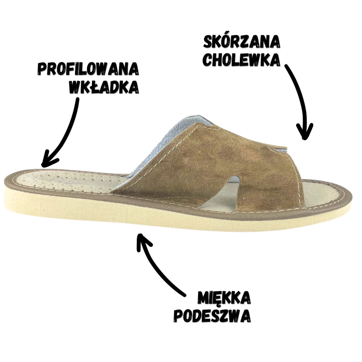 Odkryte skórzane kapcie damskie, góralskie pantofle zamszowe tradycyjne