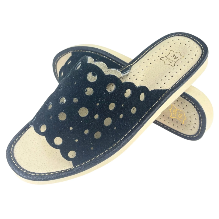 Schwarze Hausschuhe für Damen, Lederslipper für Frauen