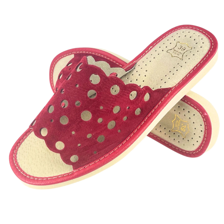 Rote Damenschuhe aus Leder, Hausschuhe für Damen