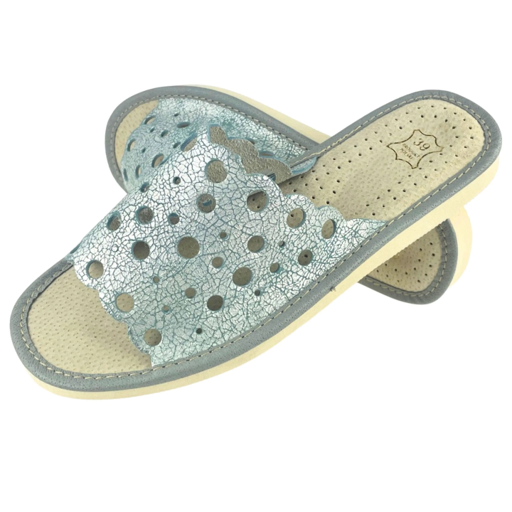 LIMITIERTE AUFLAGE – Silberfarbene Damen-Lederpantoffeln in Cracked-Silver-Optik