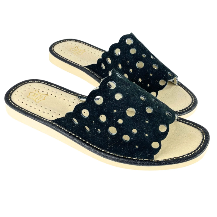 Schwarze Hausschuhe für Damen, Lederslipper für Frauen