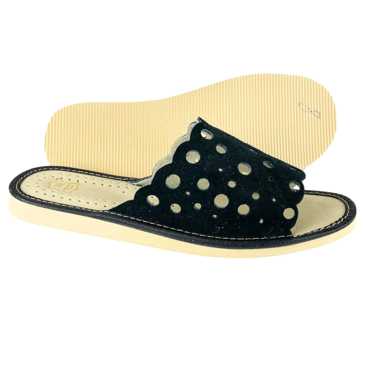 Schwarze Hausschuhe für Damen, Lederslipper für Frauen