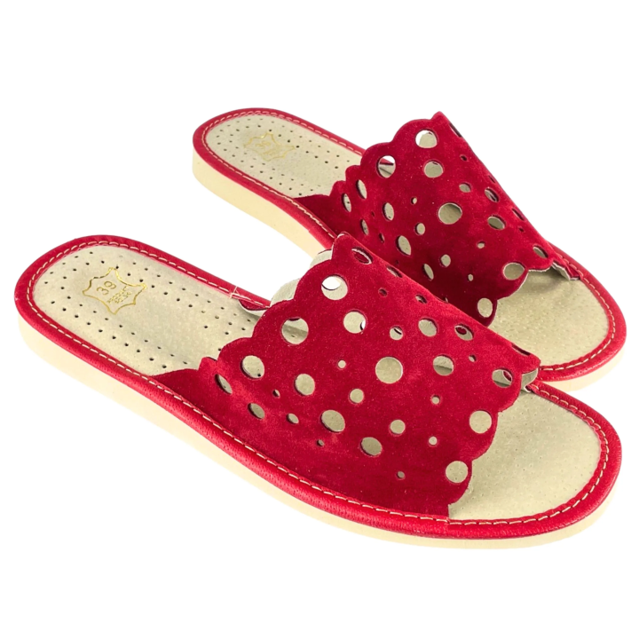 Rote Damenschuhe aus Leder, Hausschuhe für Damen