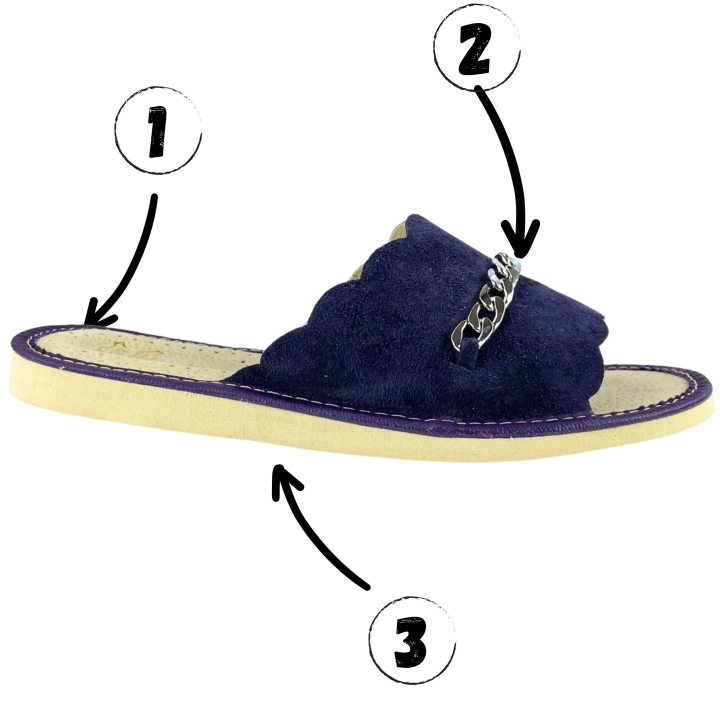 Violette Damenschuhe, Lederpantoffeln im Bergstil