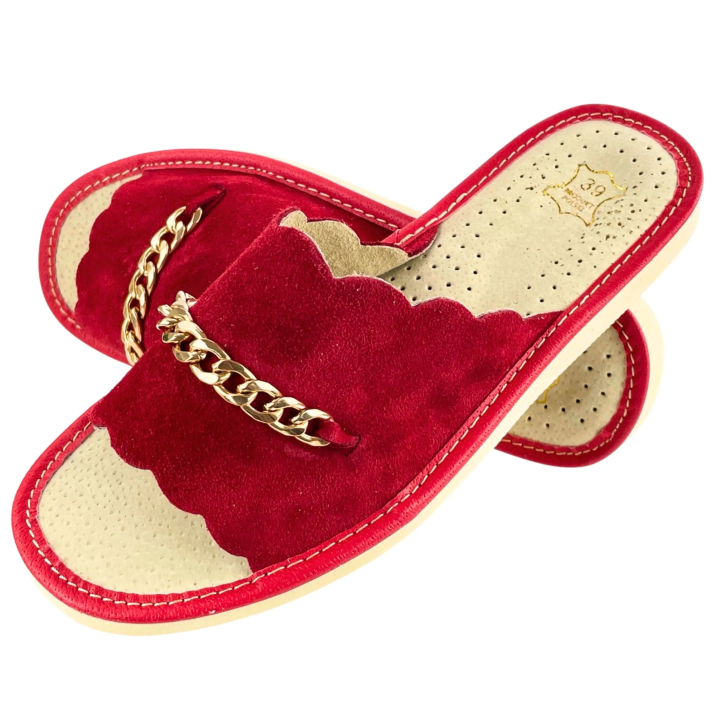 Rote Damen-Hausschuhe, bequeme Lederslipper