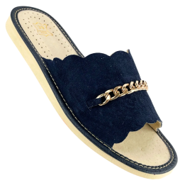 Dunkelblaue Damen-Pantoffeln mit einer Kette am Schaft, bequeme Hausschuhe