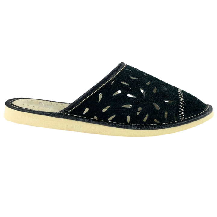 Schwarze Leder-Hausschuhe, Damen-Lederpantoffeln