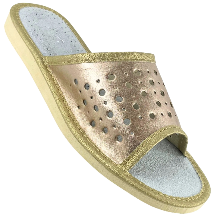 Goldene Damen-Lederpantoffeln, Damen-Lederpantoffeln, Pantoffeln für den Sommer