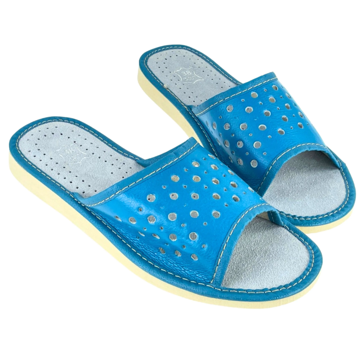 Blaue Hausschuhe für den Sommer, Damen-Hausschuhe aus Leder