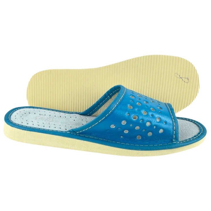 Blaue Hausschuhe für den Sommer, Damen-Hausschuhe aus Leder