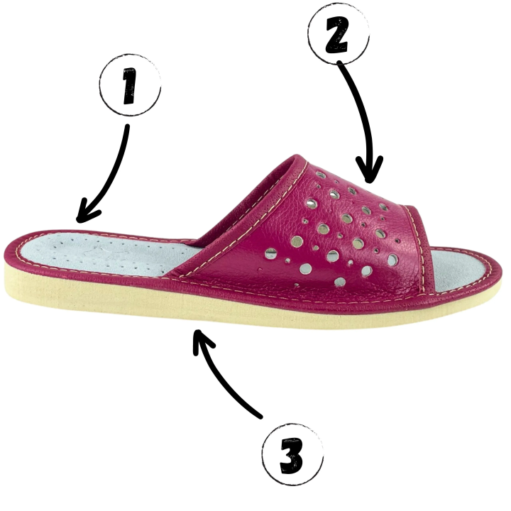 Violette Damenschuhe aus Leder, bequeme, konturierte Hausschuhe