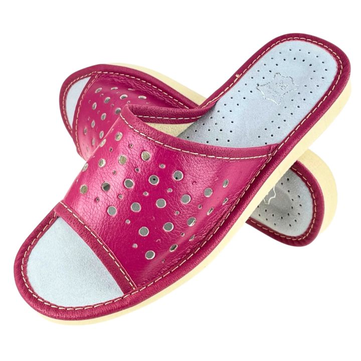 Violette Damenschuhe aus Leder, bequeme, konturierte Hausschuhe