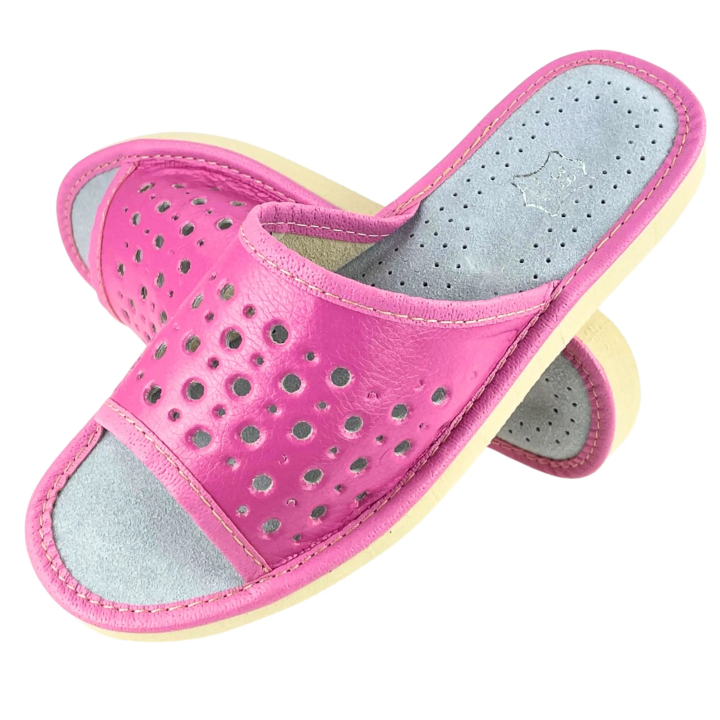 Rosa Damenschuhe, Hausschuhe aus Leder, Pantoffeln, Slipper