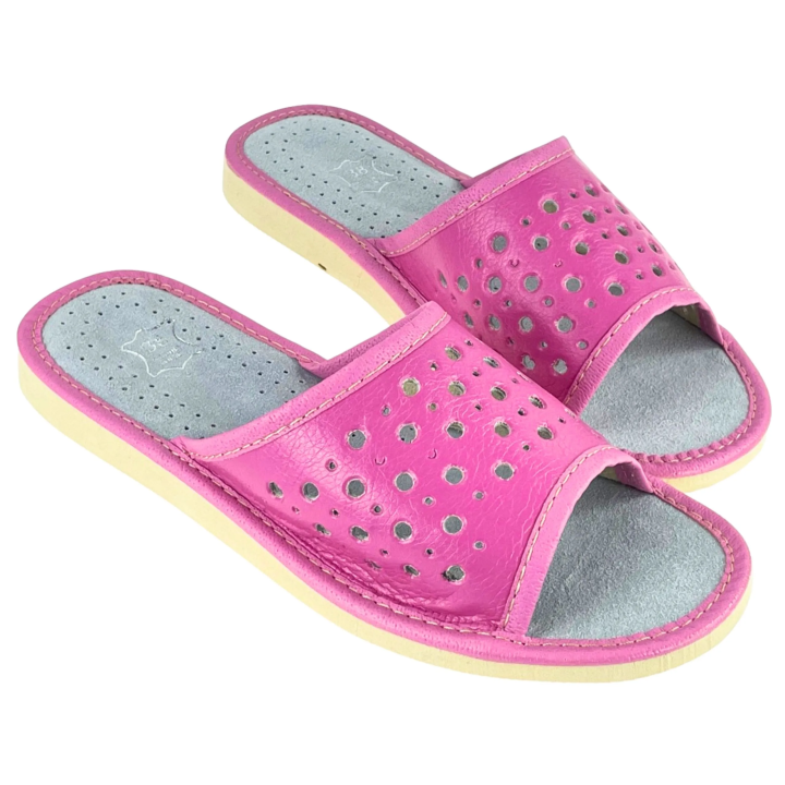Rosa Damenschuhe, Hausschuhe aus Leder, Pantoffeln, Slipper