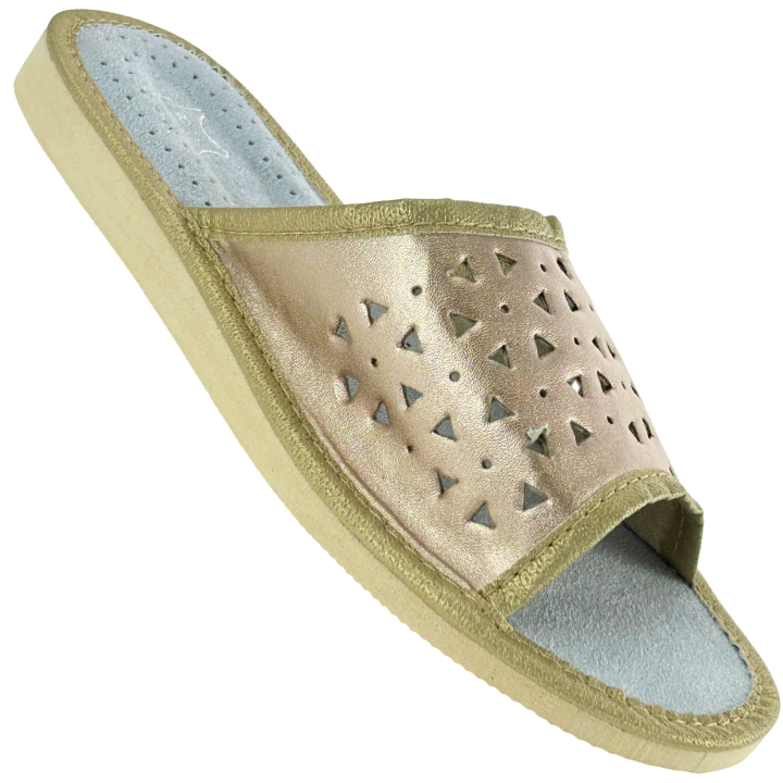 Goldene Lederslipper für Damen – Bequeme Pantoffeln im Bergstil